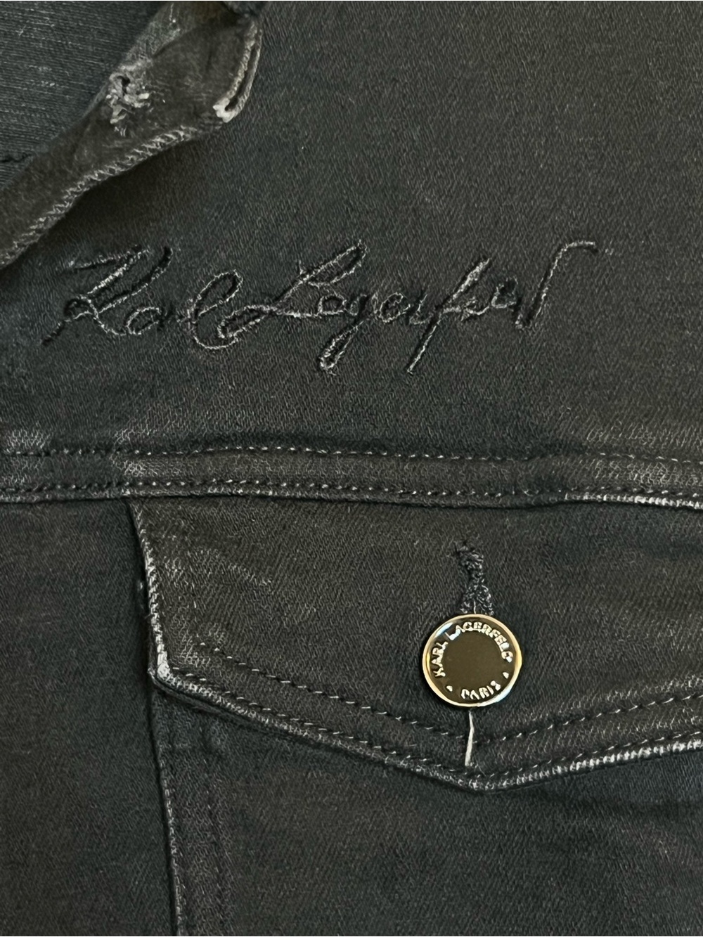 Karl Lagerfeld Black Denim Trucker Jacket w/ Embroidered Logo - Size L (EUC) - Picture 4 of 9